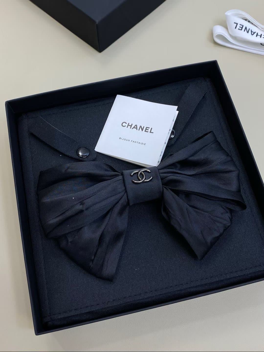 Chanel Black Satin Bow Hair Clip